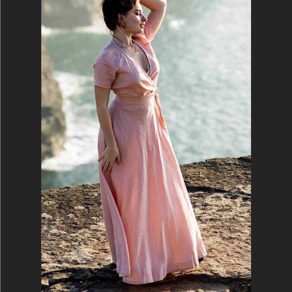 Gorgeous 100% linen soft pink maxi faux wrap dress 3/4 circle skirt